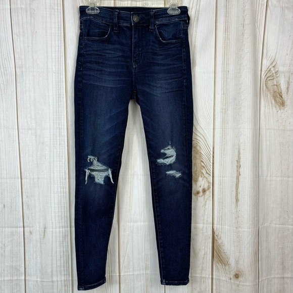 American Eagle AE Jeans Hi-Rise Jeggings Distressed Knees Blue Jeans Size 4S - Picture 1 of 14